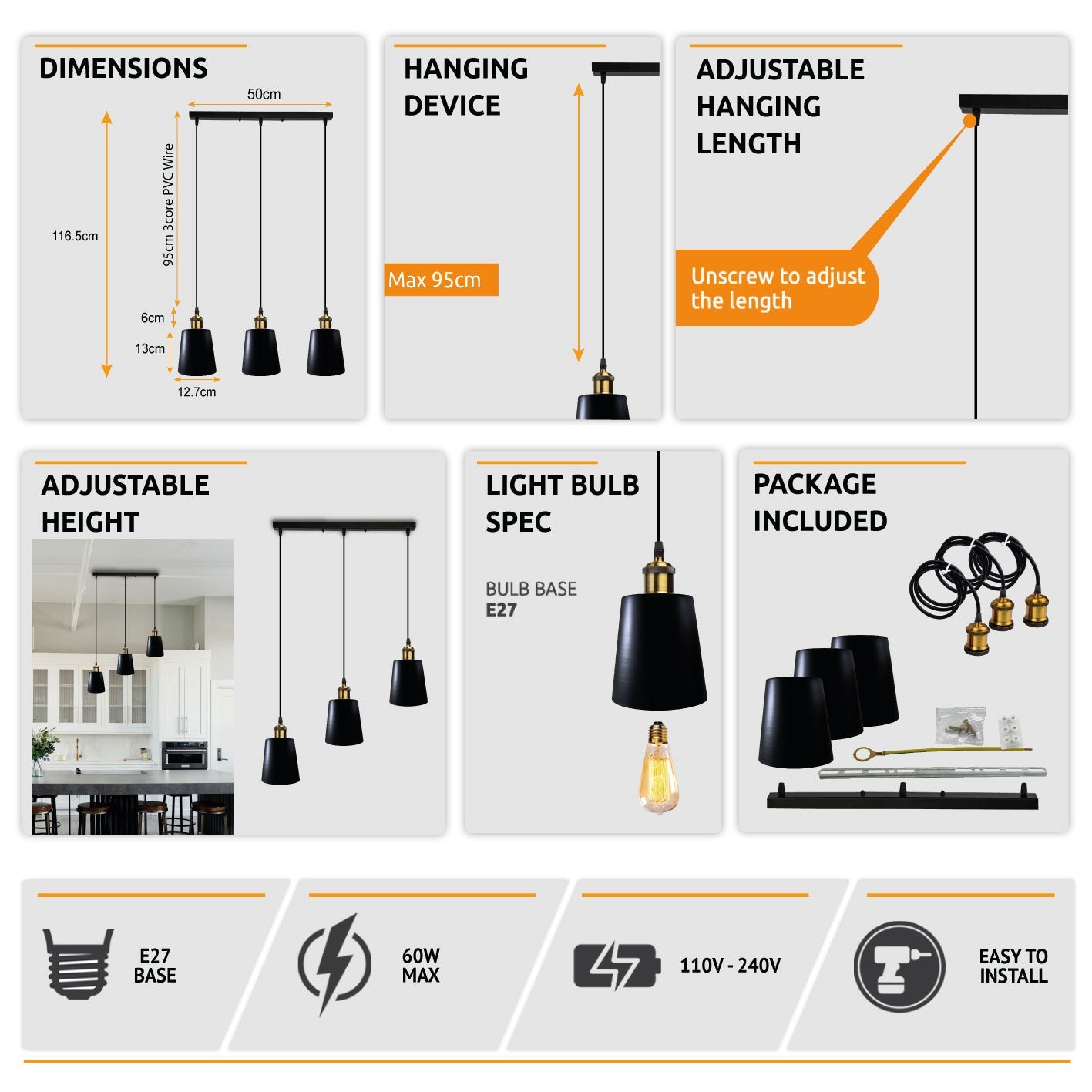 3 Head Black Vintage Industrial Ceiling Hanging Light Shade Loft Style Metal Ceiling Pendant~4059
