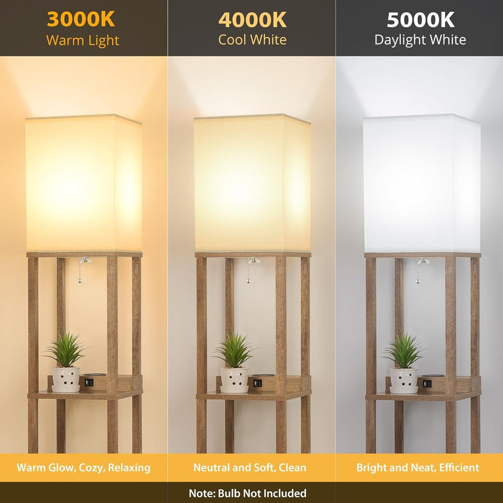 Solid Oak Shelving Floor Lamp With Wireless Charger
