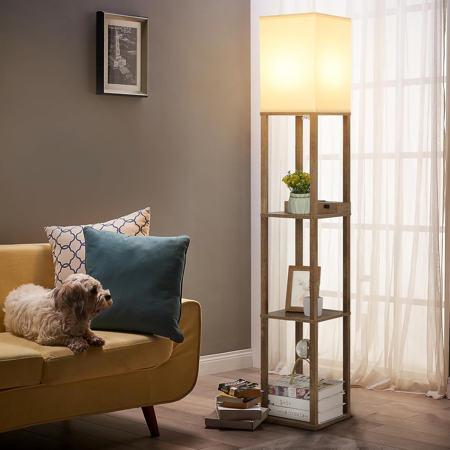 Solid Oak Shelving Floor Lamp With Wireless Charger