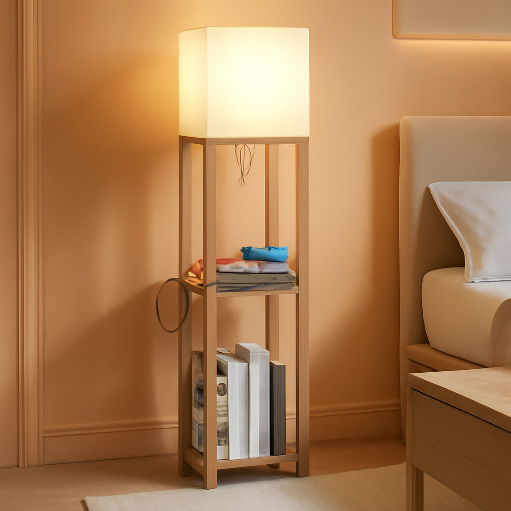 Solid Oak Shelving Floor Lamp With Wireless Charger