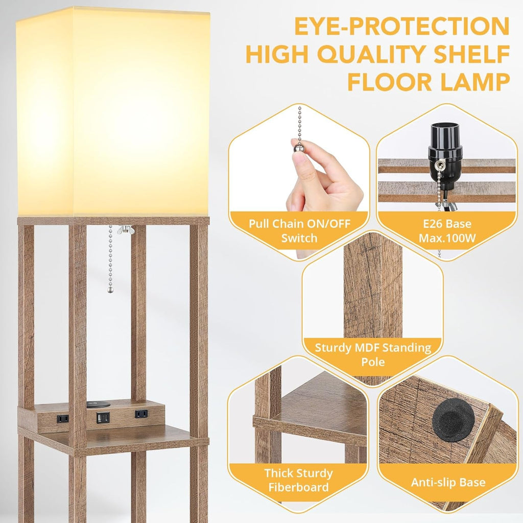 Solid Oak Shelving Floor Lamp With Wireless Charger