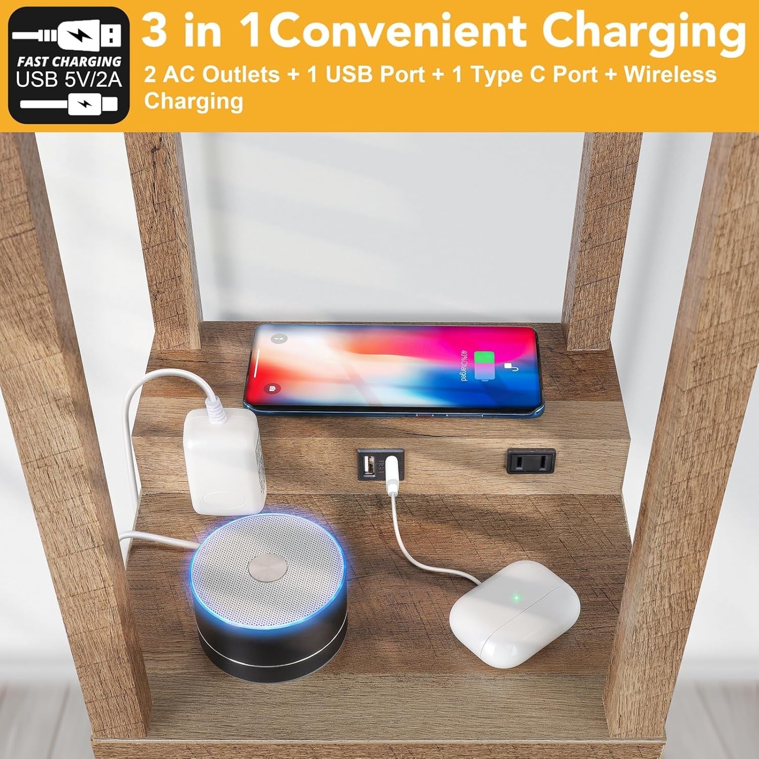 Solid Oak Shelving Floor Lamp With Wireless Charger