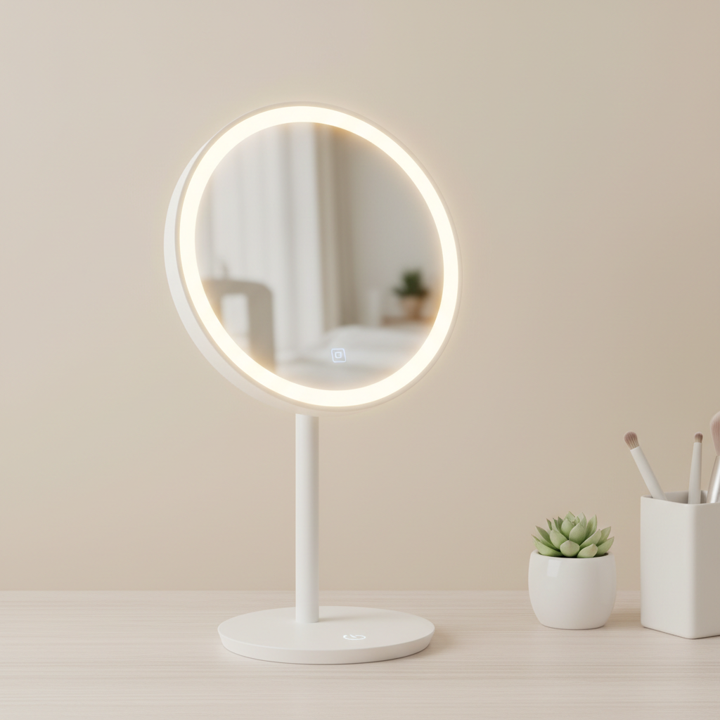 LED Touch-Control Vanity Mirror in White, Pink and Black on a neutral background